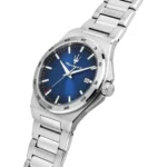 Stainless steel wristwatch with blue dial, date window, and Maserati trident logo.