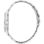 Side view of a silver stainless steel wristwatch with a linked bracelet and visible crown on the left side