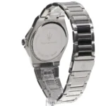 Back view of a stainless steel Maserati wristwatch with engraved case back and linked bracelet