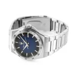 Silver stainless steel wristwatch with a blue textured dial and date window (3 o'clock)