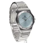 Silver stainless steel wristwatch with a light blue textured dial, date window at 3 o'clock, and a metal link bracelet.