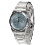 Stainless steel wristwatch with a brushed bezel, light blue textured dial, and date window at 3 o'clock on a metal bracelet