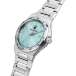 Stainless steel Maserati wristwatch with a turquoise textured dial, date window, and metal bracelet.