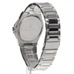 Stainless steel wristwatch showing its case back with Maserati logo and Italian design engraving on a metal bracelet.
