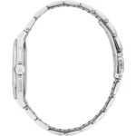 Side view of a silver stainless steel wristwatch with a crown visible on the side of the case and a metal link band