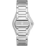 Back view of a silver Maserati wristwatch with a metal link bracelet; Maserati logo engraved on the clasp.