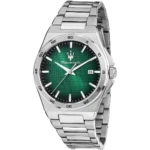 Maserati stainless steel analog watch with a green textured dial and date window at 3 o'clock