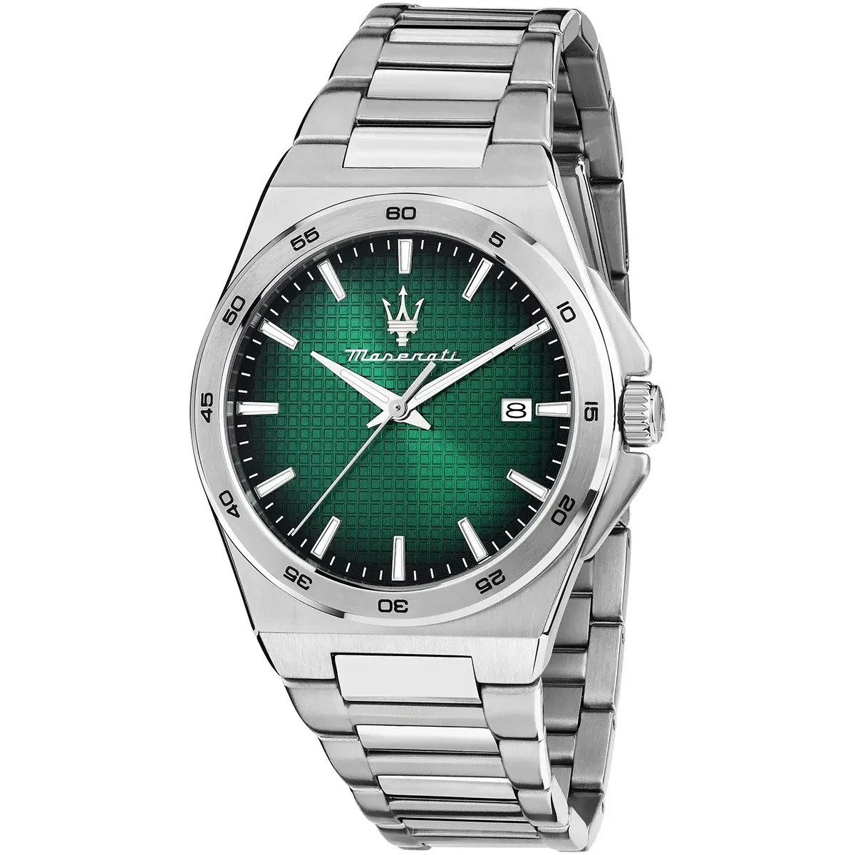 Maserati stainless steel analog watch with a green textured dial and date window at 3 o'clock