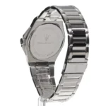 Stainless steel Maserati wristwatch shown from the back with the engraved case back and metal bracelet visible