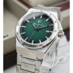 Stainless steel wristwatch with a textured green dial, white markers, and date window at 3 o'clock.