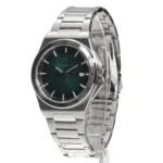 Stainless steel wristwatch with a dark green textured dial and date window on a metal link bracelet.