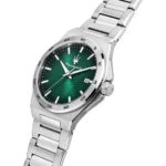 Stainless steel wristwatch with a green textured dial and date window on the right side.