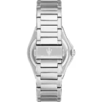 Stainless steel Maserati wristwatch viewed from the back, with the Maserati logo and clasp engraving visible