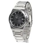 Stainless steel wristwatch with a black textured dial and date window at 3 o'clock.