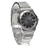 Stainless steel wristwatch with a black textured dial, silver hour markers, and date window at 3 o'clock.