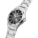 Stainless steel wristwatch with a black textured dial and date window at 3 o'clock. (Maserati-branded analog watch)