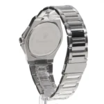 Back view of a stainless steel wristwatch with a metal link bracelet.