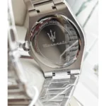 Stainless steel Maserati wristwatch back with logo and 'Italian Design' engraving.