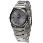 Stainless steel men's wristwatch with a textured silver dial, blue hour markers, and a date window at 3 o'clock.
