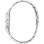 Side view of a silver metal wristwatch with a linked bracelet and crown logo visible on the winding crown