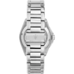 Stainless steel Maserati wristwatch viewed from the back, displaying the bracelet links and engraved Maserati logo on the clasp.