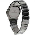 Stainless steel Maserati wristwatch shown from the back with engraved brand and Italian design text on the case back and a metal link bracelet