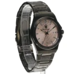 Black metal wristwatch with a pink textured dial, date window at 3 o'clock, and metallic bracelet.