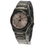 Stainless steel men's watch with a pink textured dial, baton markers, and a date window at 3 o'clock.