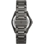 Watch with a dark metal link bracelet, showing the Maserati logo on the clasp and the stainless steel case back visible