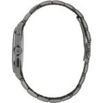 Side profile of a silver stainless steel wristwatch with a linked bracelet and a crown bearing a trident logo