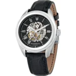 Maserati skeleton automatic wristwatch with black dial, Roman numerals, and visible internal gears, silver case and black leather strap