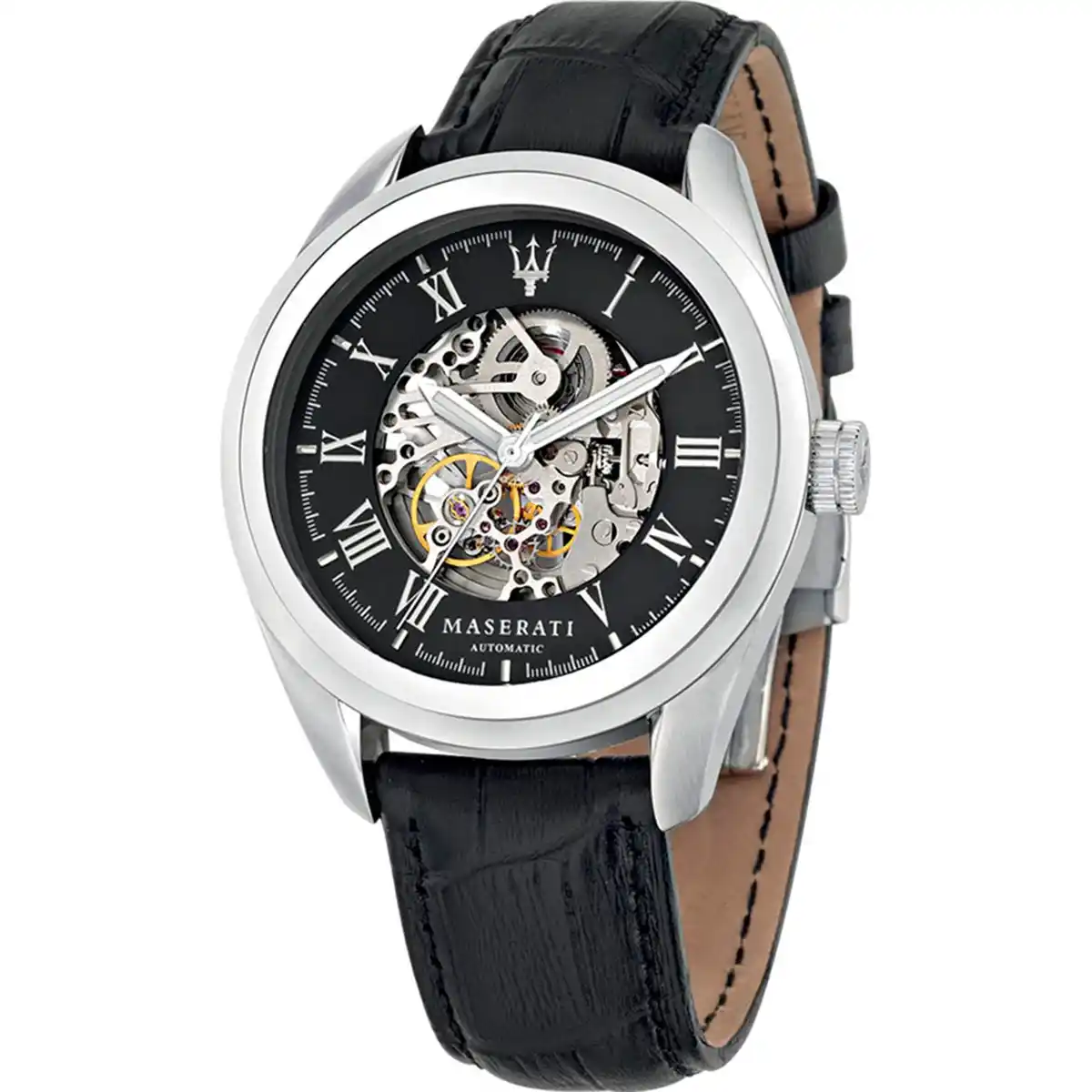 Maserati skeleton automatic wristwatch with black dial, Roman numerals, and visible internal gears, silver case and black leather strap