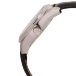 Side view of a silver wristwatch with a textured crown and black leather strap.