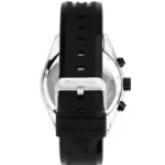 Maserati men's chronograph watch shown from the back with a black rubber strap and stainless steel caseback photo for product display