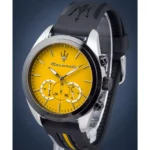 Maserati watch with a bright yellow dial, silver case, and black strap displayed at an angle.