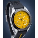 Maserati men's wristwatch with a bright yellow dial, silver case, and black strap; three subdials visible in the face.