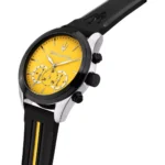 Maserati wristwatch with a bright yellow dial, black bezel, and black rubber strap.