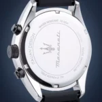 Stainless steel wristwatch back with engraved branding and crown, showing details like water resistance and model name Titanant/Titanant design.