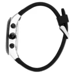 Side view of a silver wristwatch with a black strap and crown buttons