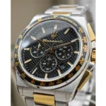 Two-tone stainless steel and gold chronograph wristwatch with a black textured dial and a tachymeter bezel.