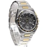 Two-tone stainless steel men's chronograph watch with black textured dial and gold accents on bezel and bracelet links