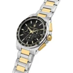 Two-tone Maserati wristwatch with black textured dial and gold accents on a silver-gold bracelet.
