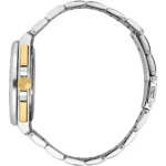 Side view of a two-tone stainless steel wristwatch with gold crown and center links