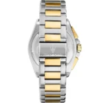 Maserati stainless steel watch back with gold center links and deployment clasp showing the Maserati logo