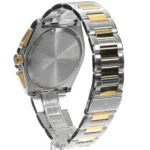 Back view of a two-tone stainless steel wristwatch with a silver and gold bracelet, showing the round case back and clasp mechanism