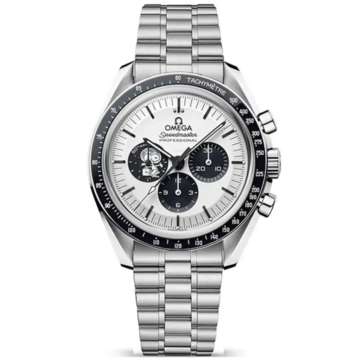omega-speed-master-silver-snoopy-award-moon-watch-white-dail-black-case-metal-silver-strap