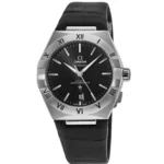 omega-watch-for-men-black-dial-leather-strap-silver-case