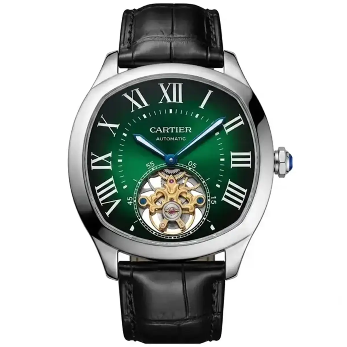 cartier-de-drive-watch-automatic-japanese-machine-green-black-dial-leather-strap-mirror-original-egypt